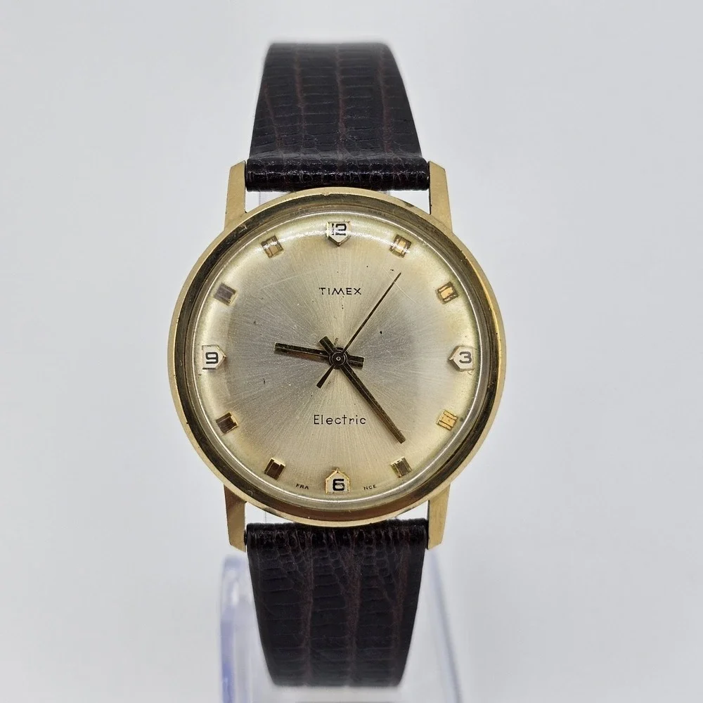 VTG Timex Electric Watch Men 35MM Rear Crown NEW Brown Leather Bands NEW Battery